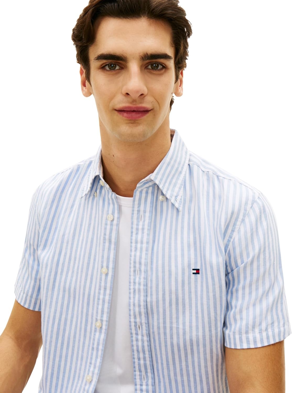 image:imageTommy Hilfiger Mens Short Sleeve Casual Linen Button Down Shirts in Regular FitCloudy Blue Stripe