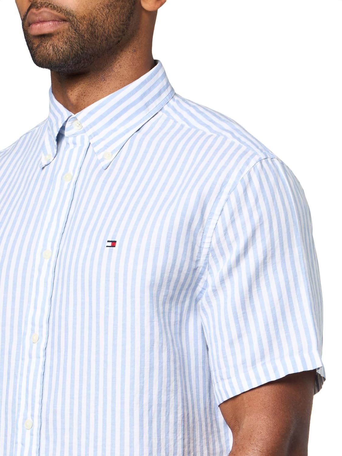 image:imageTommy Hilfiger Mens Short Sleeve Casual Linen Button Down Shirts in Regular FitCloudy Blue Stripe