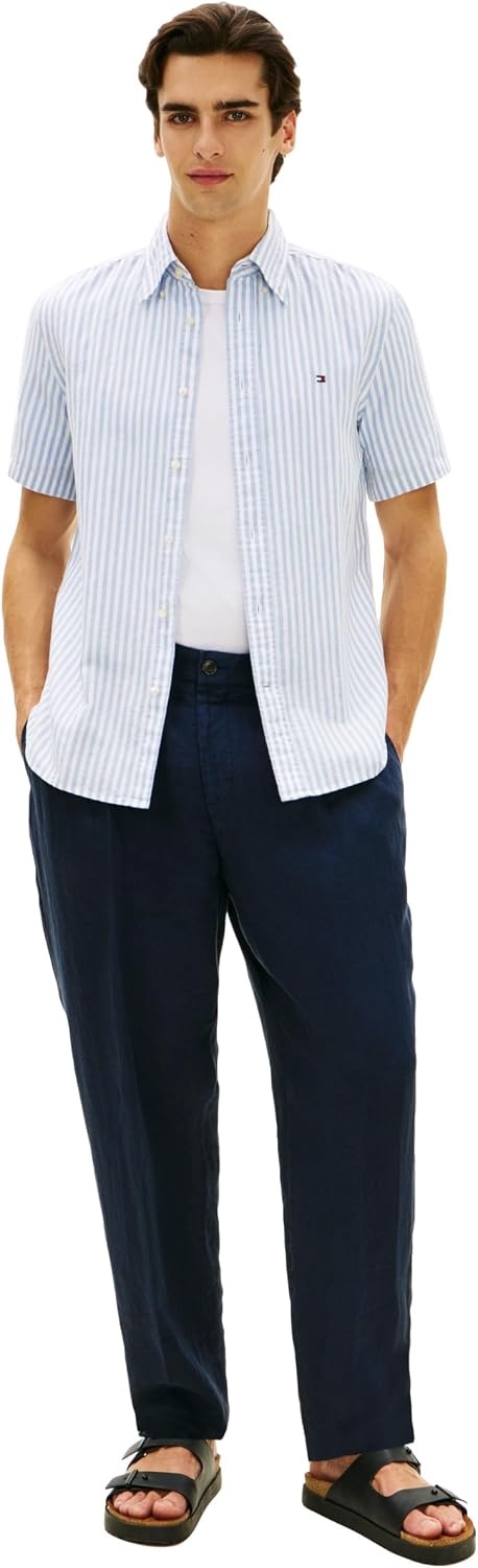 image:imageTommy Hilfiger Mens Short Sleeve Casual Linen Button Down Shirts in Regular FitCloudy Blue Stripe