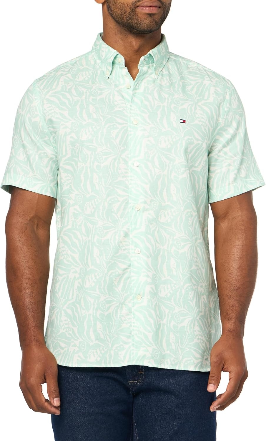 image:imageTommy Hilfiger Mens Short Sleeve Casual Linen Button Down Shirts in Regular FitCrushed Mint Allover