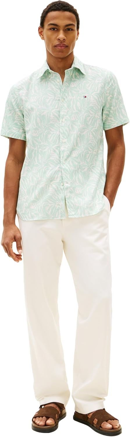 image:imageTommy Hilfiger Mens Short Sleeve Casual Linen Button Down Shirts in Regular FitCrushed Mint Allover