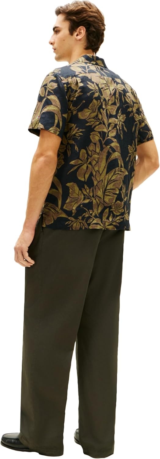image:imageTommy Hilfiger Mens Short Sleeve Casual Linen Button Down Shirts in Regular FitDark Night Navy Allover