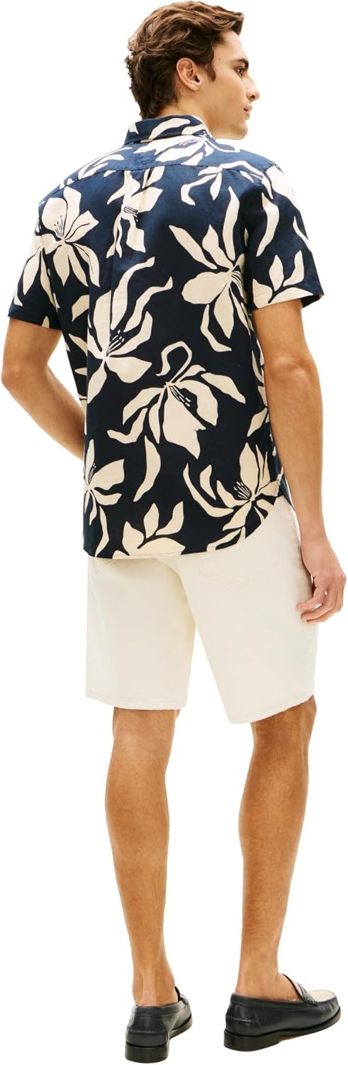 image:imageTommy Hilfiger Mens Short Sleeve Casual Linen Button Down Shirts in Regular FitDark Night Navy Cream