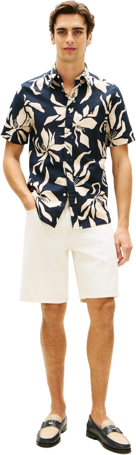 image:imageTommy Hilfiger Mens Short Sleeve Casual Linen Button Down Shirts in Regular FitDark Night Navy Cream