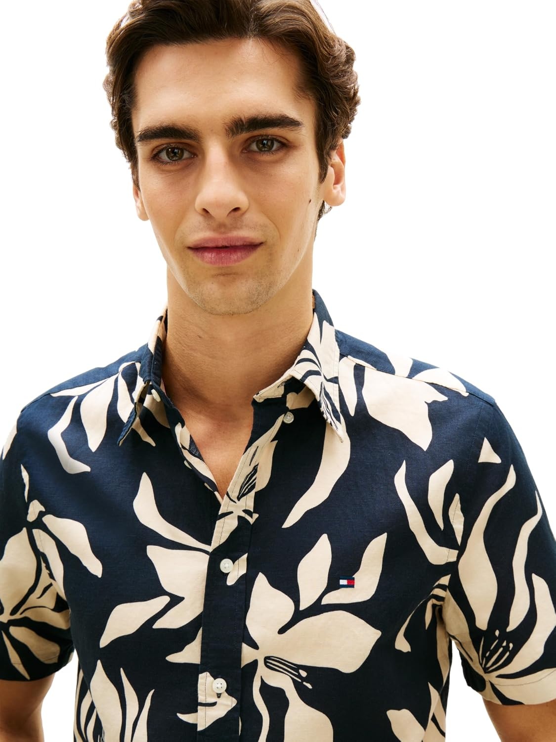 image:imageTommy Hilfiger Mens Short Sleeve Casual Linen Button Down Shirts in Regular FitDark Night Navy Cream