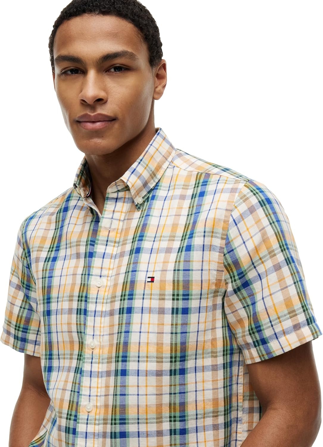 image:imageTommy Hilfiger Mens Short Sleeve Casual Linen Button Down Shirts in Regular FitIvory Petal Check