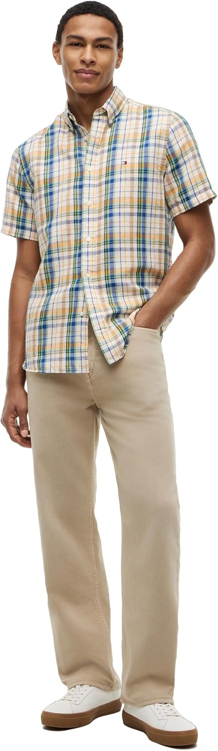 image:imageTommy Hilfiger Mens Short Sleeve Casual Linen Button Down Shirts in Regular FitIvory Petal Check