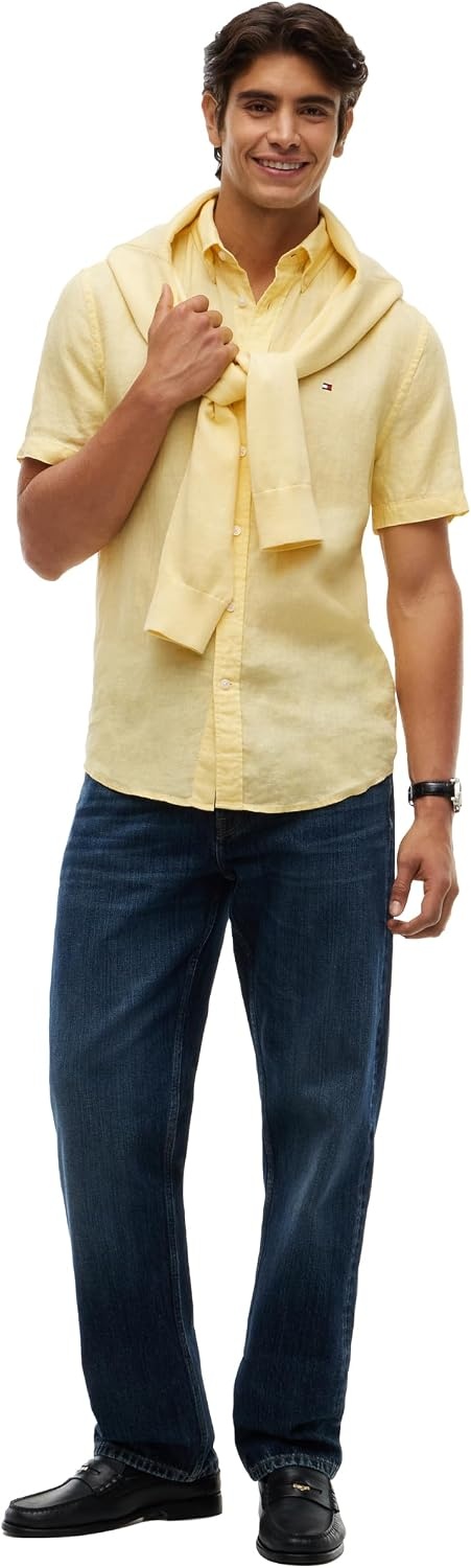 image:imageTommy Hilfiger Mens Short Sleeve Casual Linen Button Down Shirts in Regular FitLight Daffodil
