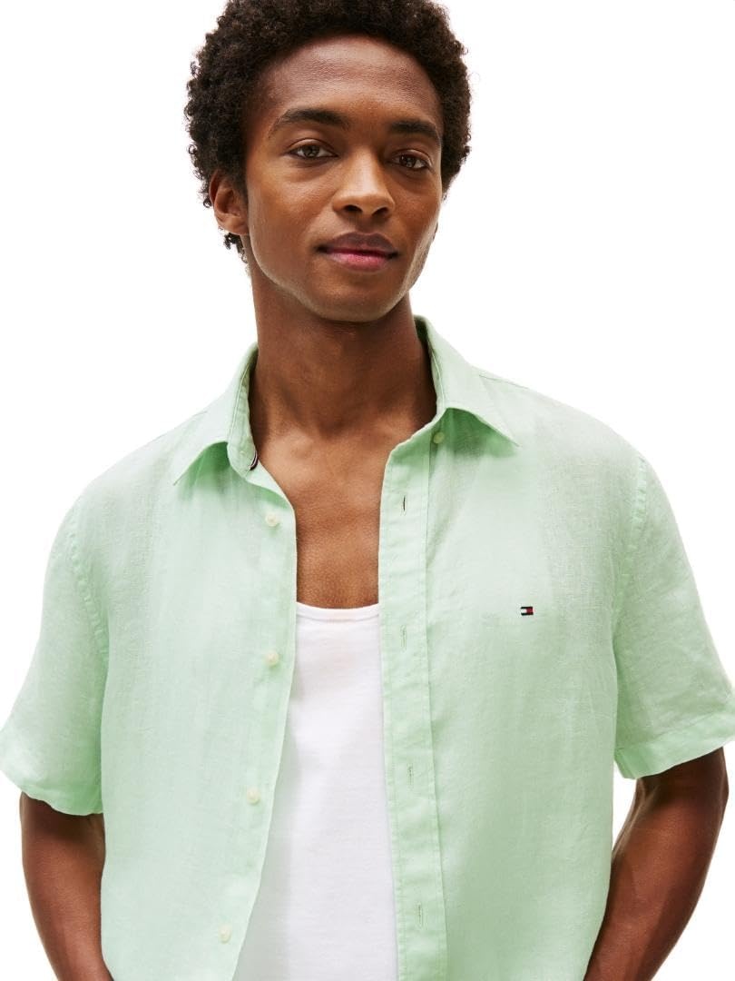 image:imageTommy Hilfiger Mens Short Sleeve Casual Linen Button Down Shirts in Regular FitOpal Green