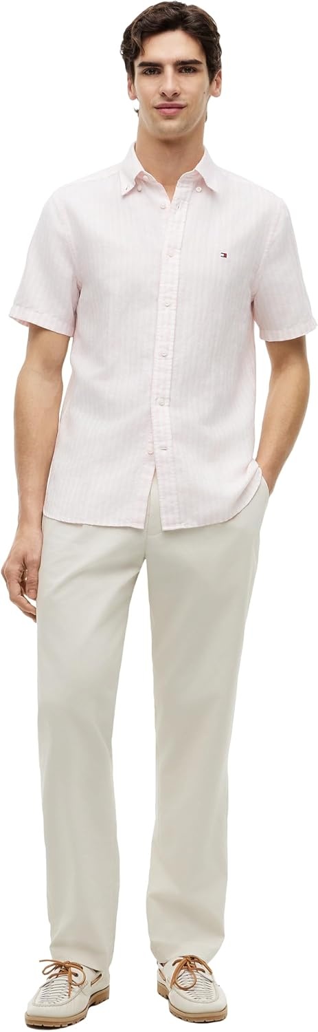 image:imageTommy Hilfiger Mens Short Sleeve Casual Linen Button Down Shirts in Regular FitPink Lily Stripe