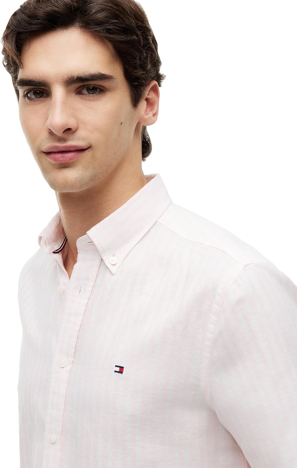 image:imageTommy Hilfiger Mens Short Sleeve Casual Linen Button Down Shirts in Regular FitPink Lily Stripe