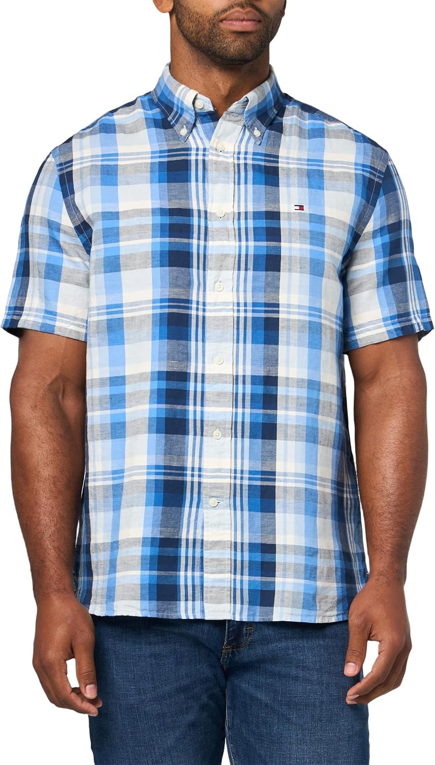 image:imageTommy Hilfiger Mens Short Sleeve Casual Linen Button Down Shirts in Regular FitPreppy Navy Check