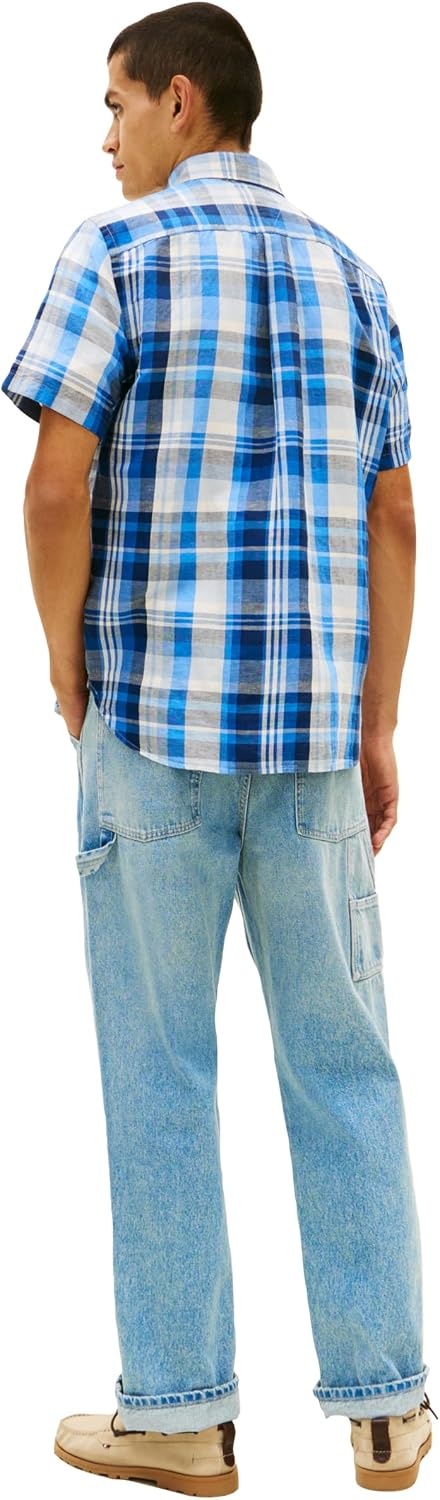 image:imageTommy Hilfiger Mens Short Sleeve Casual Linen Button Down Shirts in Regular FitPreppy Navy Check
