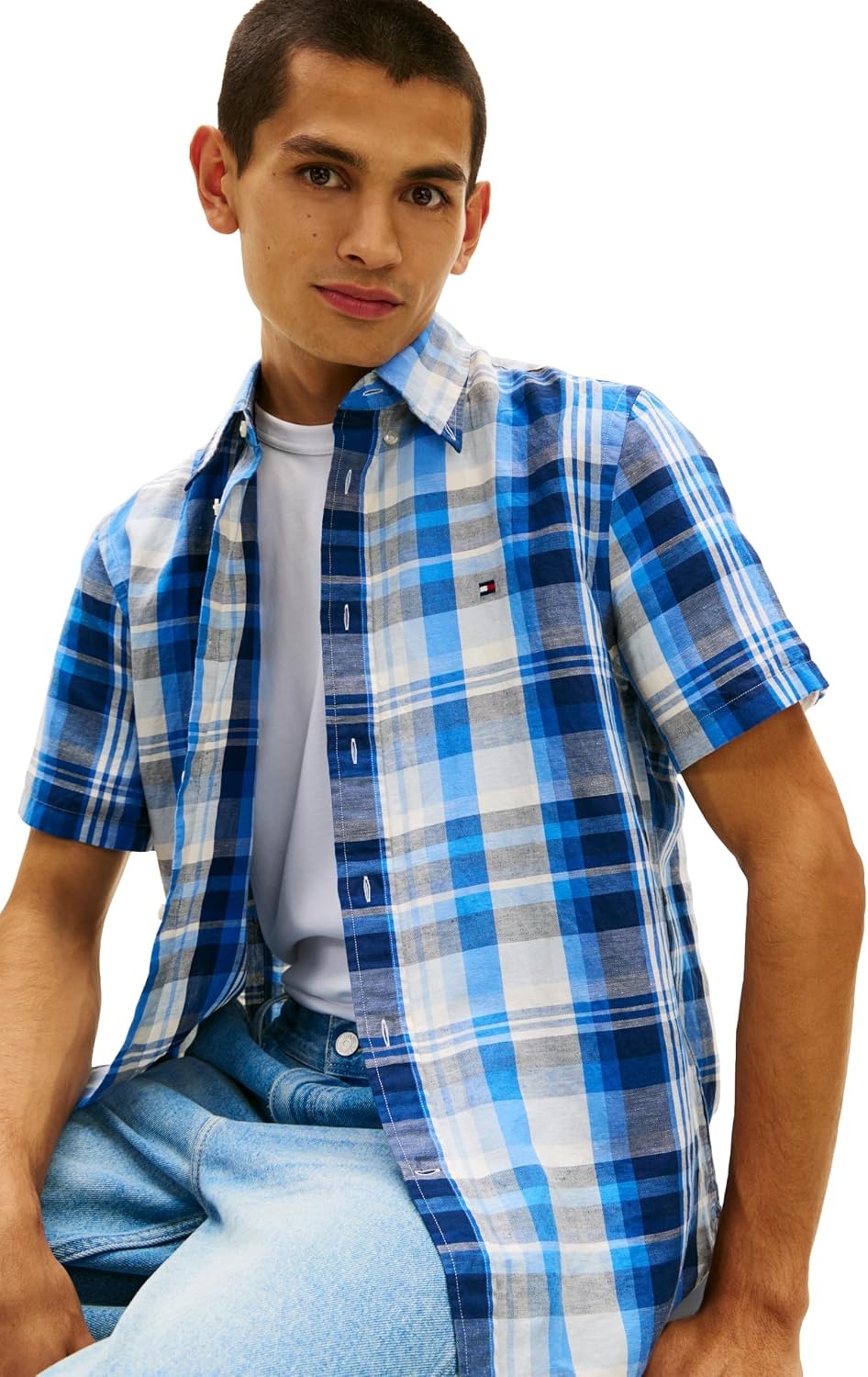 image:imageTommy Hilfiger Mens Short Sleeve Casual Linen Button Down Shirts in Regular FitPreppy Navy Check