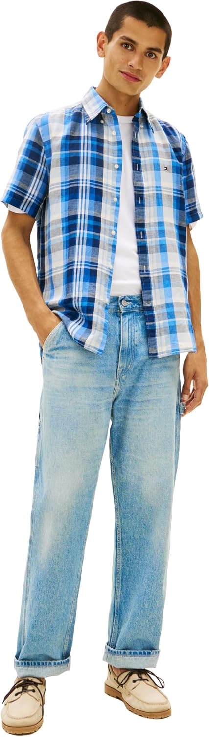 image:imageTommy Hilfiger Mens Short Sleeve Casual Linen Button Down Shirts in Regular FitPreppy Navy Check