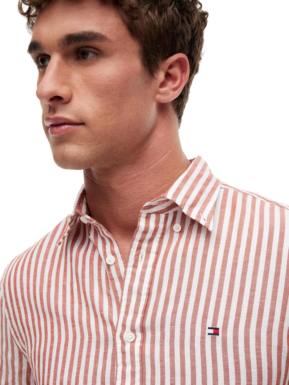 image:imageTommy Hilfiger Mens Short Sleeve Casual Linen Button Down Shirts in Regular FitRusty Ochre Stripe