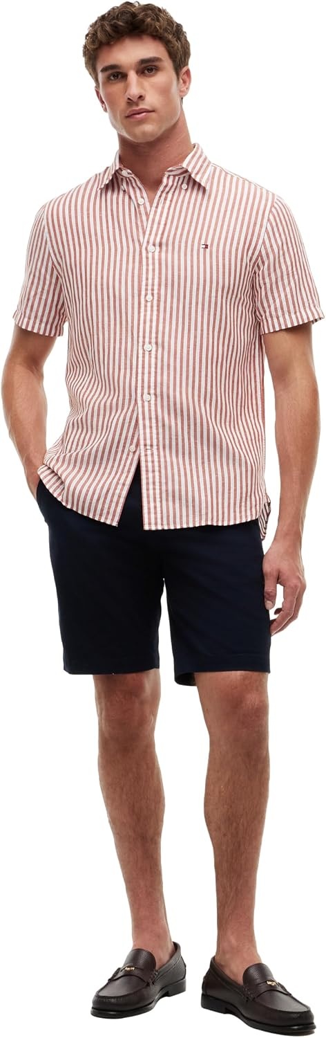 image:imageTommy Hilfiger Mens Short Sleeve Casual Linen Button Down Shirts in Regular FitRusty Ochre Stripe