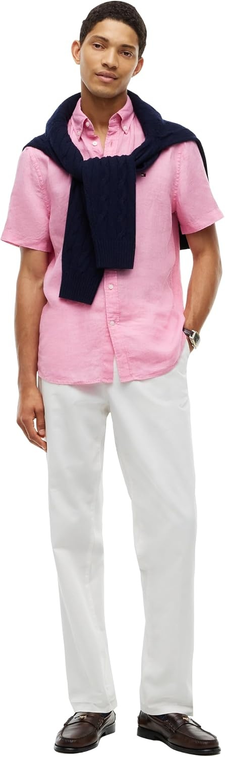 image:imageTommy Hilfiger Mens Short Sleeve Casual Linen Button Down Shirts in Regular FitSynthetic Blush