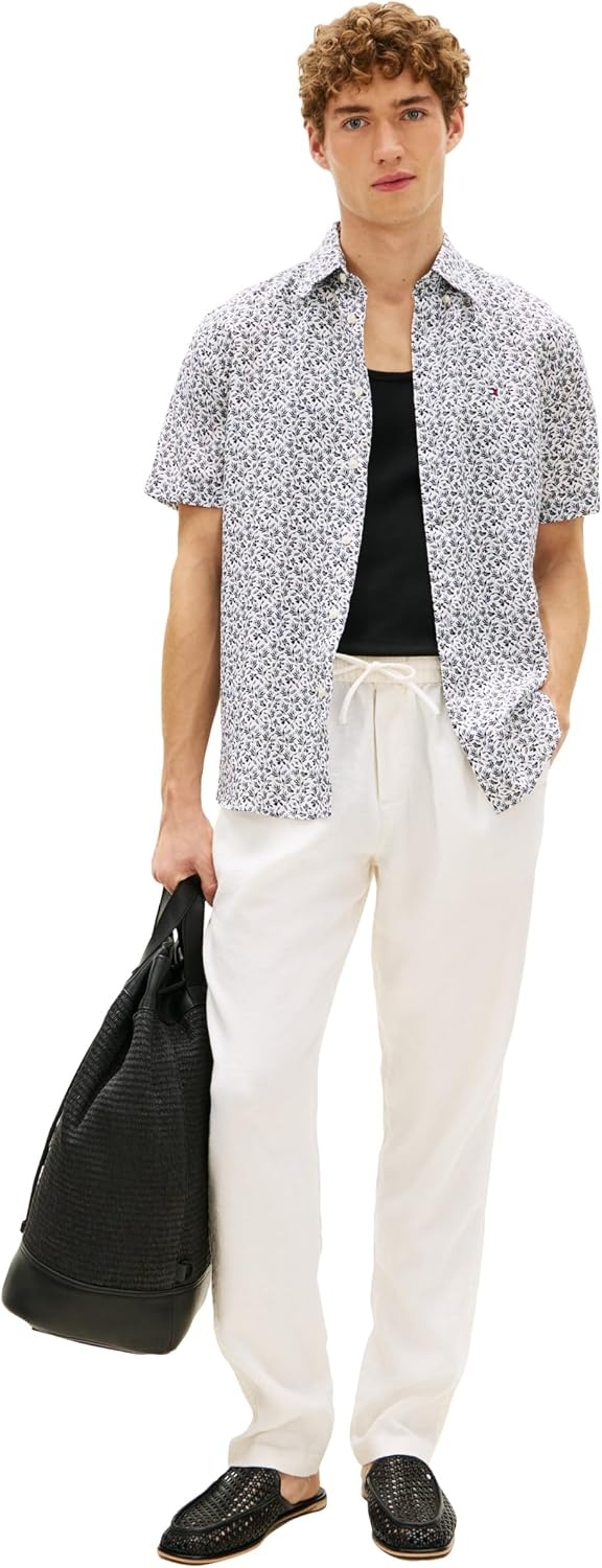 image:imageTommy Hilfiger Mens Short Sleeve Casual Linen Button Down Shirts in Regular FitWhite Allover