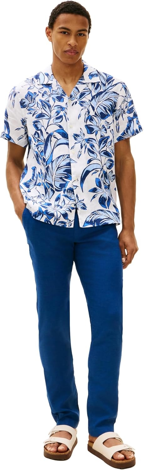 image:imageTommy Hilfiger Mens Short Sleeve Casual Linen Button Down Shirts in Regular FitWhite Blue Allover