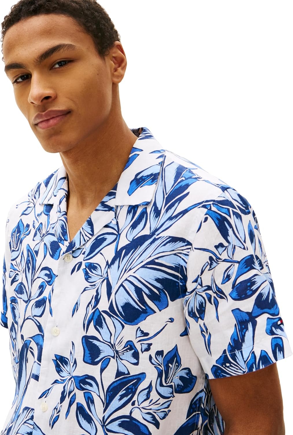 image:imageTommy Hilfiger Mens Short Sleeve Casual Linen Button Down Shirts in Regular FitWhite Blue Allover