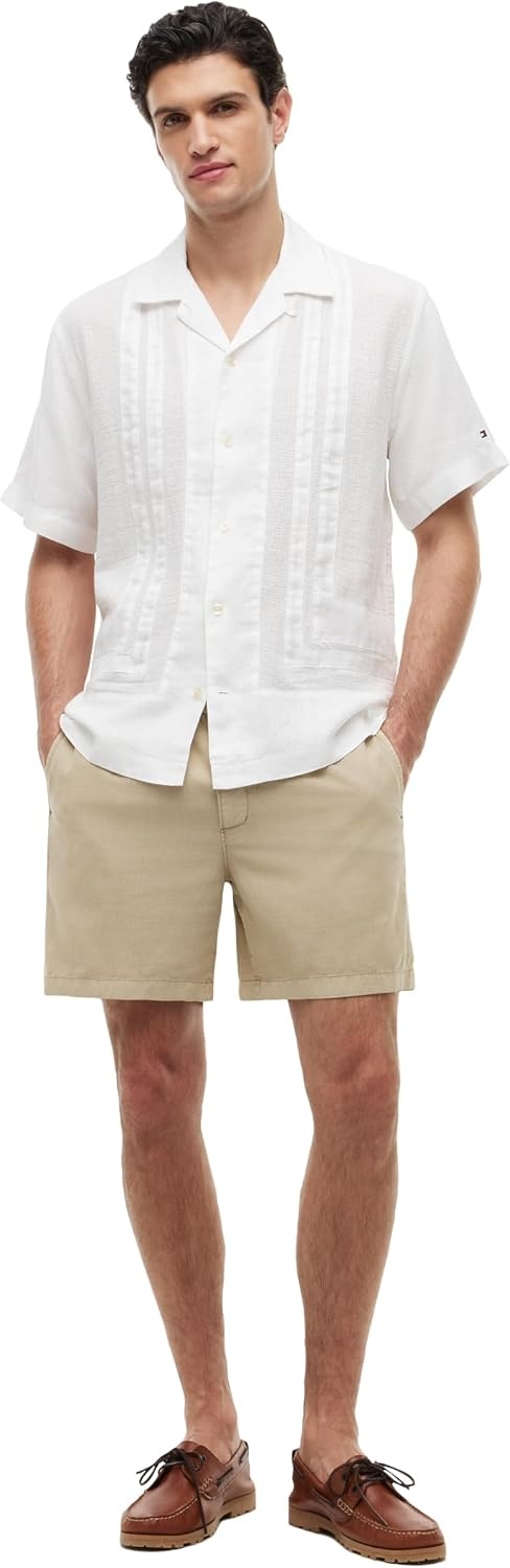 image:imageTommy Hilfiger Mens Short Sleeve Casual Linen Button Down Shirts in Regular FitWhiteMesh