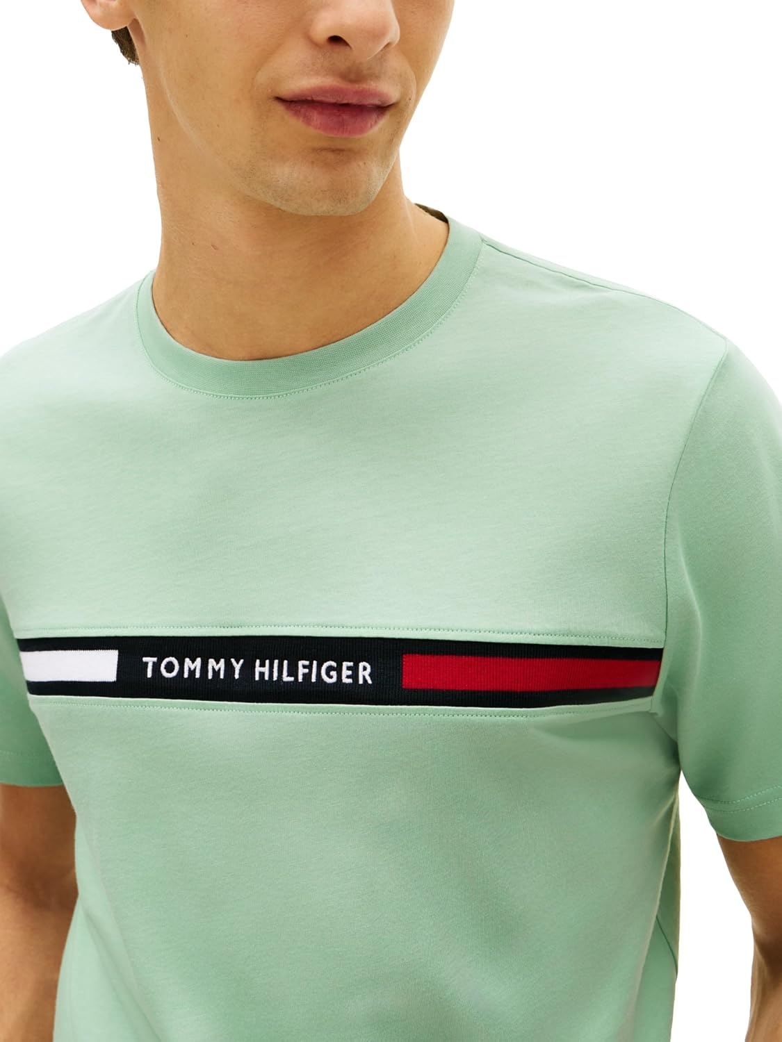 image:imageTommy Hilfiger Mens Short Sleeve Cotton Graphic TShirts with Signature Stripe Logo Also Available in Big amp TallCrushed Mint