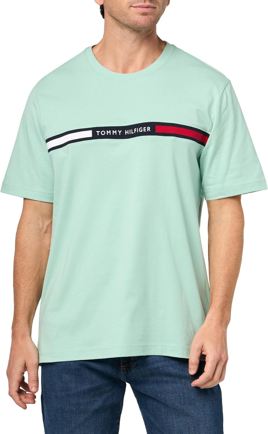 image:imageTommy Hilfiger Mens Short Sleeve Cotton Graphic TShirts with Signature Stripe Logo Also Available in Big amp TallCrushed Mint