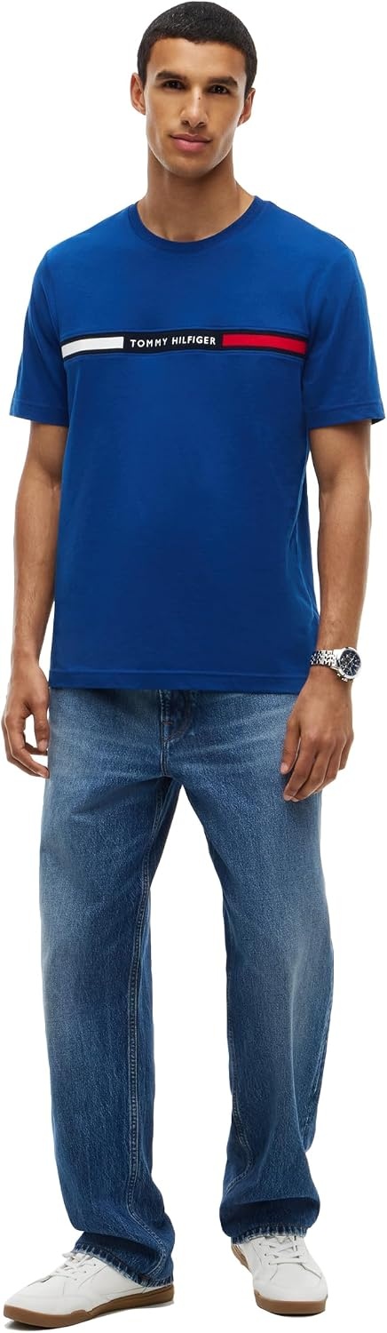 image:imageTommy Hilfiger Mens Short Sleeve Cotton Graphic TShirts with Signature Stripe Logo Also Available in Big amp TallOpulent Blue