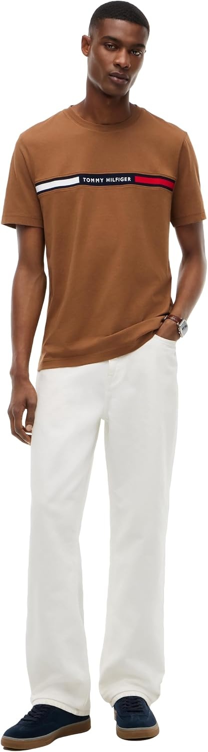 image:imageTommy Hilfiger Mens Short Sleeve Cotton Graphic TShirts with Signature Stripe Logo Also Available in Big amp TallTimeless Tawny