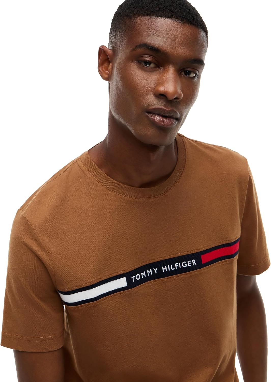 image:imageTommy Hilfiger Mens Short Sleeve Cotton Graphic TShirts with Signature Stripe Logo Also Available in Big amp TallTimeless Tawny