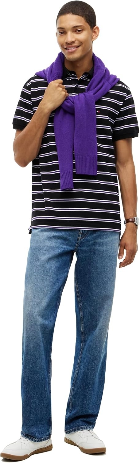 image:imageTommy Hilfiger Mens Short Sleeve Polo Shirts in Classic Fit with Stretch and Organic Pique CottonBlack White Tuscan Grape
