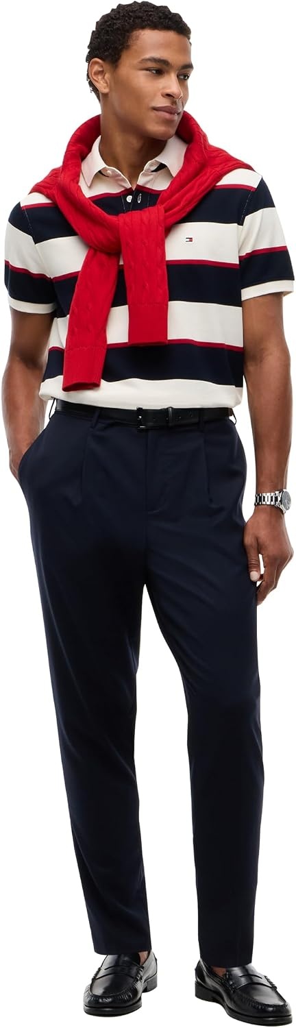 image:imageTommy Hilfiger Mens Short Sleeve Polo Shirts in Classic Fit with Stretch and Organic Pique CottonIvory Petal Navy Blue