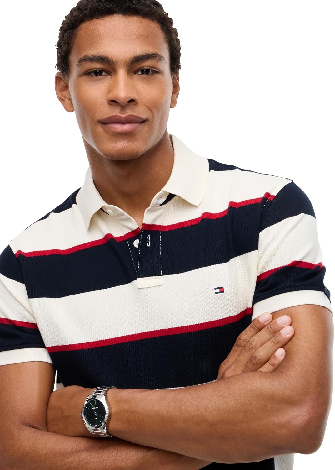 image:imageTommy Hilfiger Mens Short Sleeve Polo Shirts in Classic Fit with Stretch and Organic Pique CottonIvory Petal Navy Blue