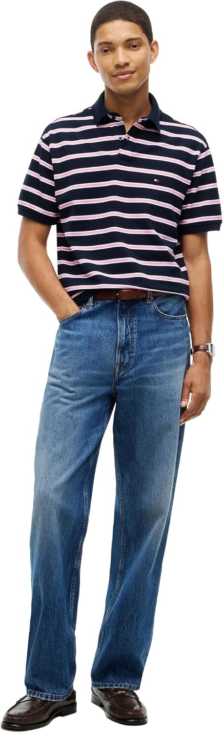 image:imageTommy Hilfiger Mens Short Sleeve Polo Shirts in Classic Fit with Stretch and Organic Pique CottonNavy Blue Synthetic Blush White