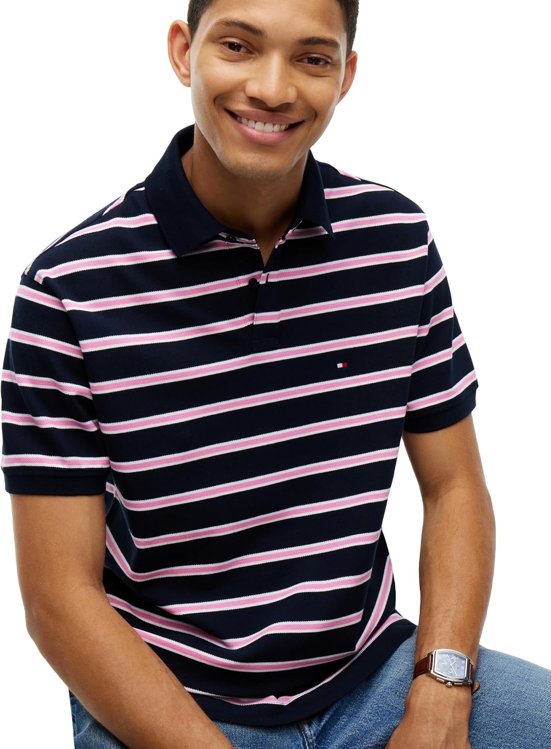 image:imageTommy Hilfiger Mens Short Sleeve Polo Shirts in Classic Fit with Stretch and Organic Pique CottonNavy Blue Synthetic Blush White