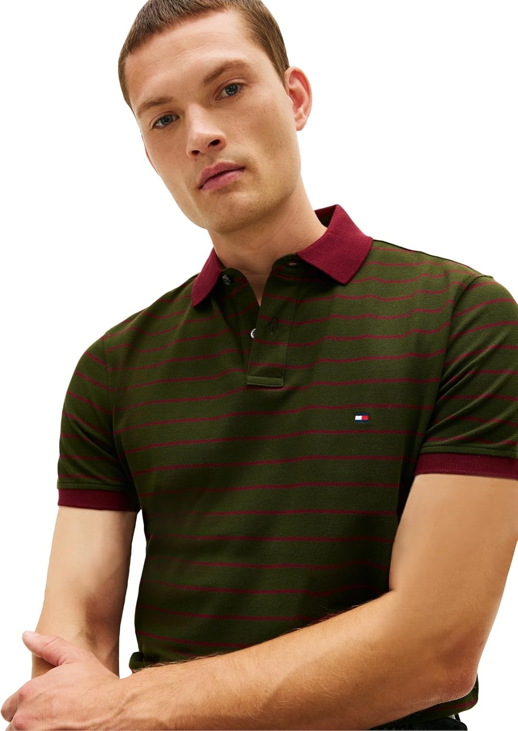 image:imageTommy Hilfiger Mens Short Sleeve Polo Shirts in Regular Fit With Stretch and Organic Pique CottonArctic Spruce Deep Rouge