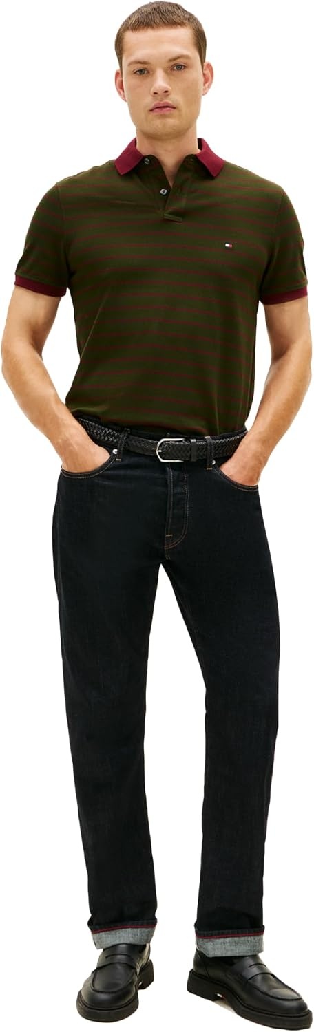 image:imageTommy Hilfiger Mens Short Sleeve Polo Shirts in Regular Fit With Stretch and Organic Pique CottonArctic Spruce Deep Rouge