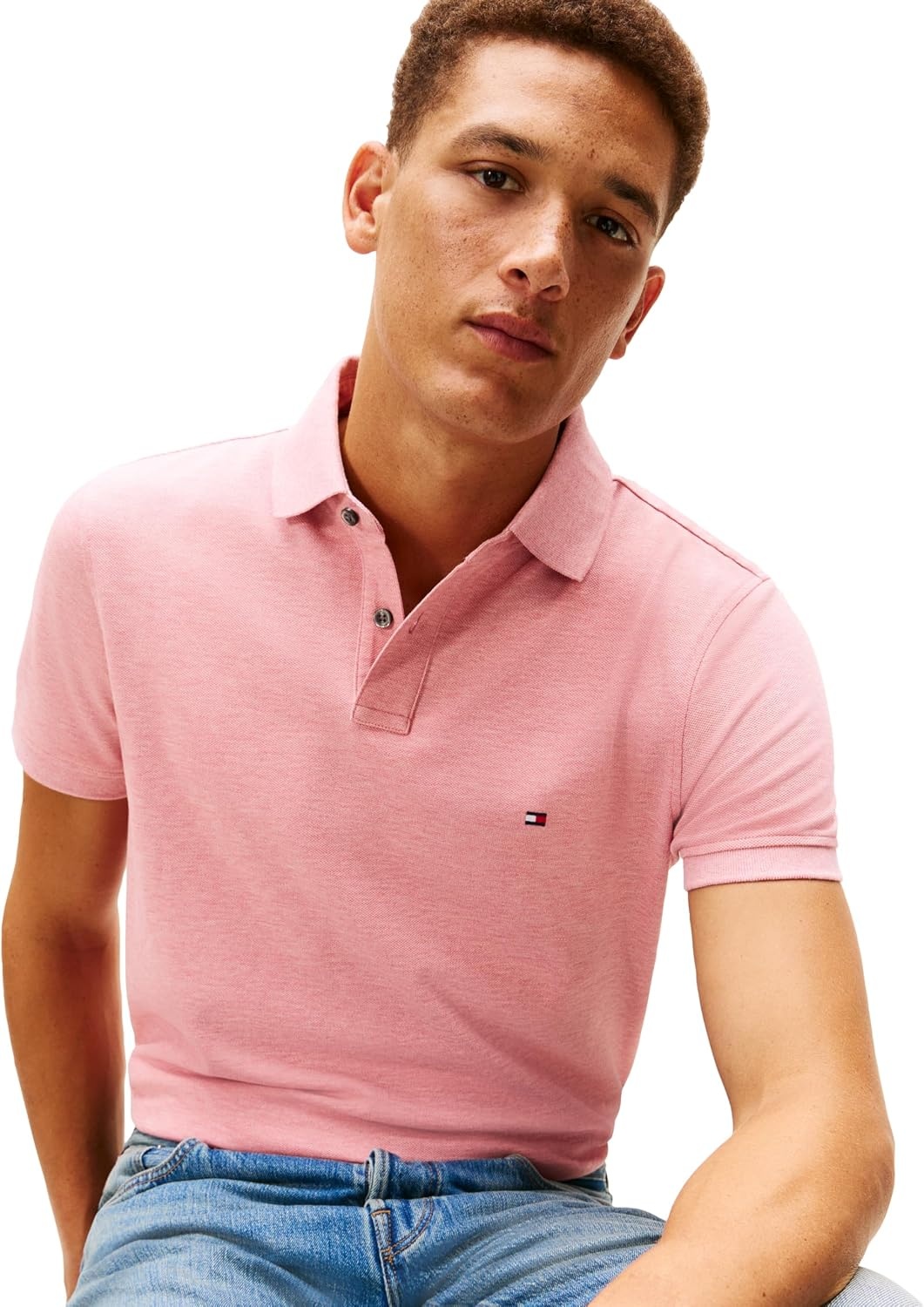 image:imageTommy Hilfiger Mens Short Sleeve Polo Shirts in Regular Fit With Stretch and Organic Pique CottonCamelia Blush Heather