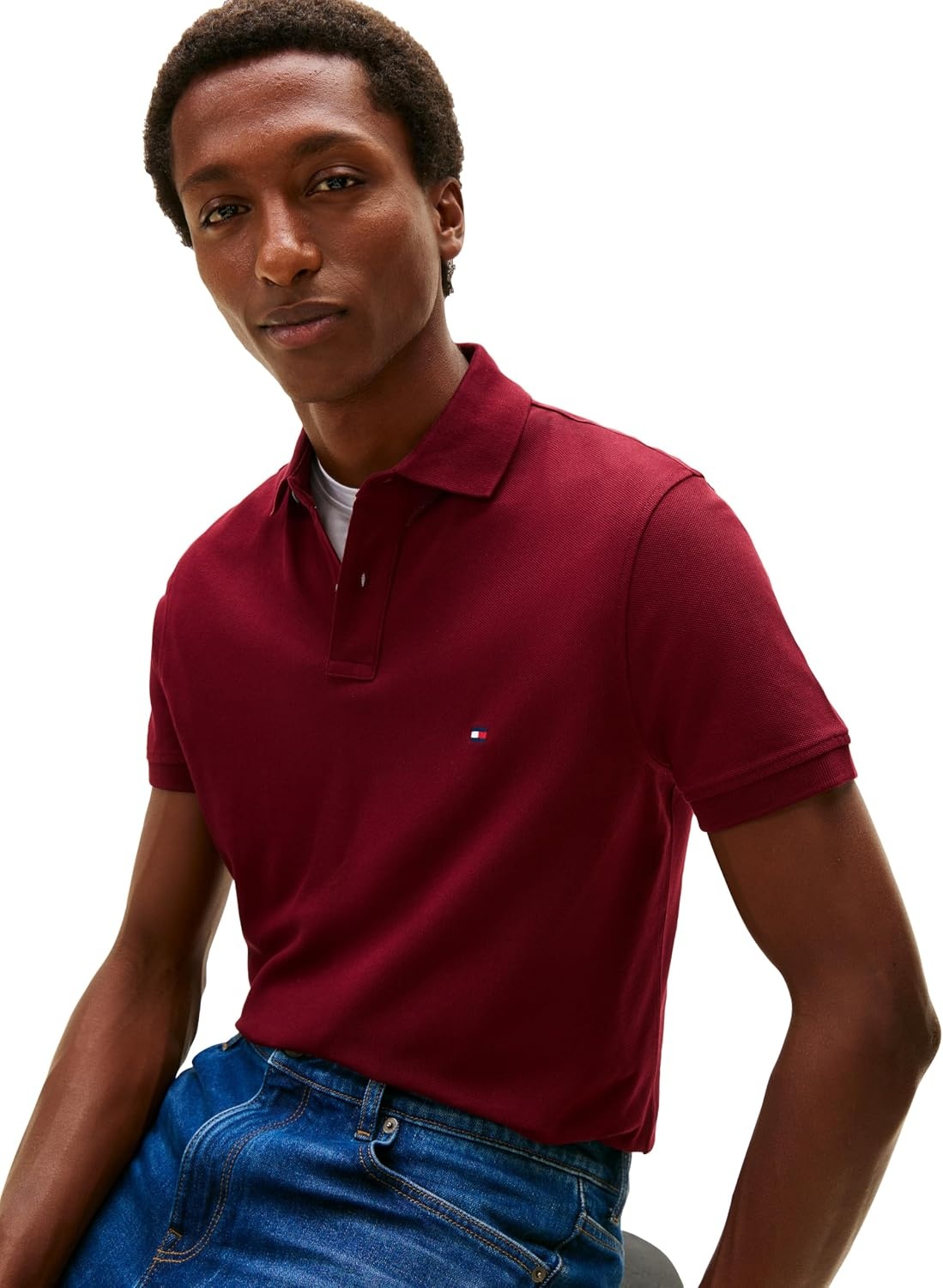 image:imageTommy Hilfiger Mens Short Sleeve Polo Shirts in Regular Fit With Stretch and Organic Pique CottonDeep Rouge