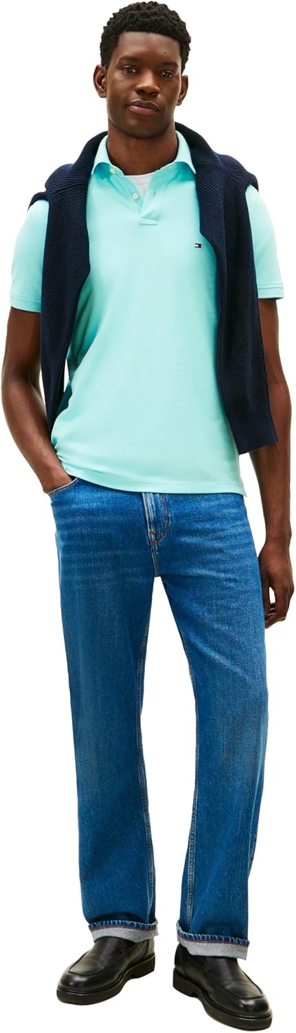image:imageTommy Hilfiger Mens Short Sleeve Polo Shirts in Regular Fit With Stretch and Organic Pique CottonDewy Blue