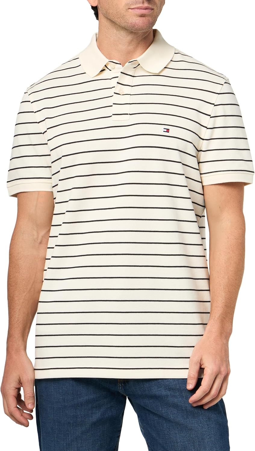 image:imageTommy Hilfiger Mens Short Sleeve Polo Shirts in Regular Fit With Stretch and Organic Pique CottonIvory Petal Black
