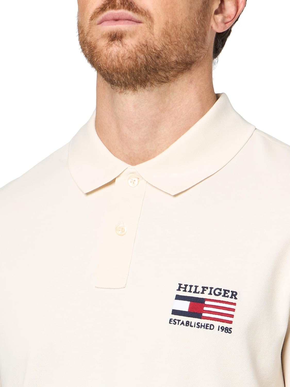 image:imageTommy Hilfiger Mens Short Sleeve Polo Shirts in Regular Fit With Stretch and Organic Pique CottonIvory Petal Flag Embroidered