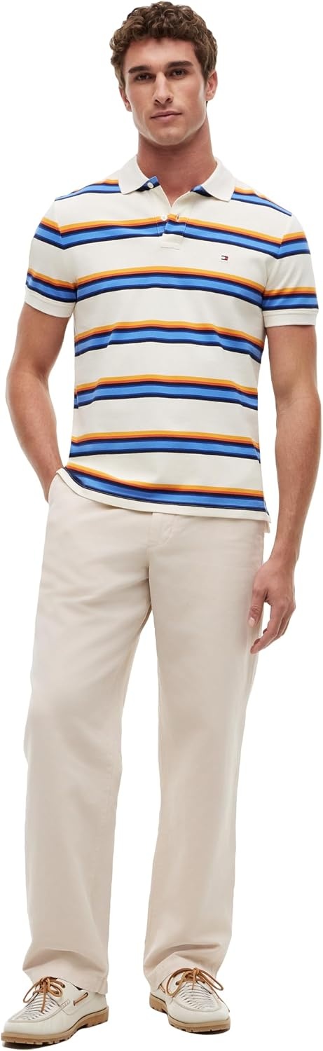 image:imageTommy Hilfiger Mens Short Sleeve Polo Shirts in Regular Fit With Stretch and Organic Pique CottonIvory Petal Multi