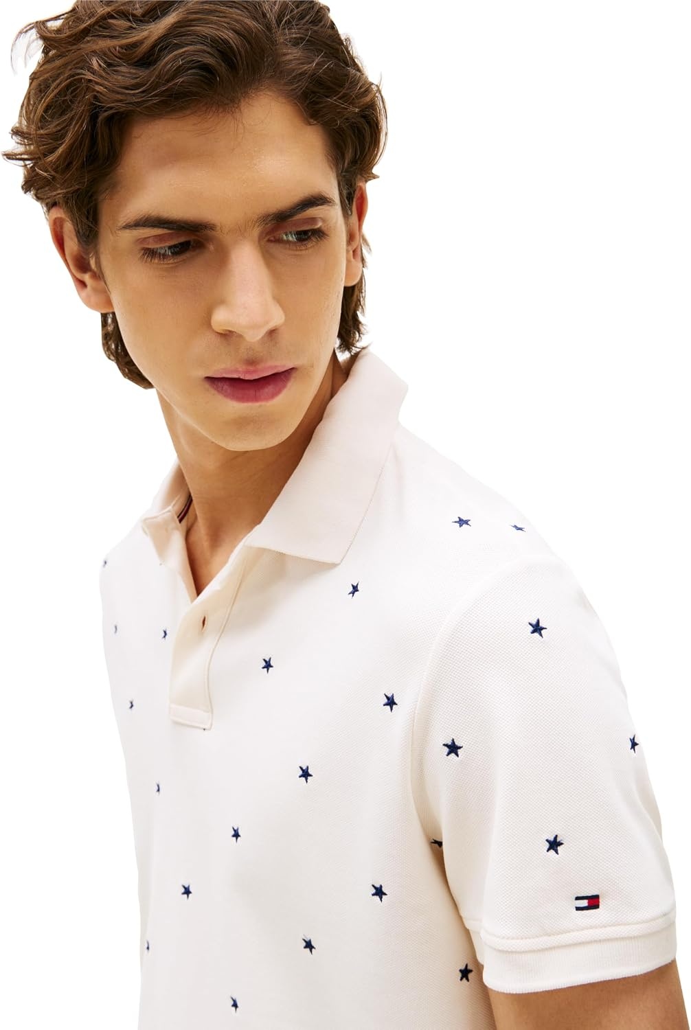 image:imageTommy Hilfiger Mens Short Sleeve Polo Shirts in Regular Fit With Stretch and Organic Pique CottonIvory Petal Star Embroidered
