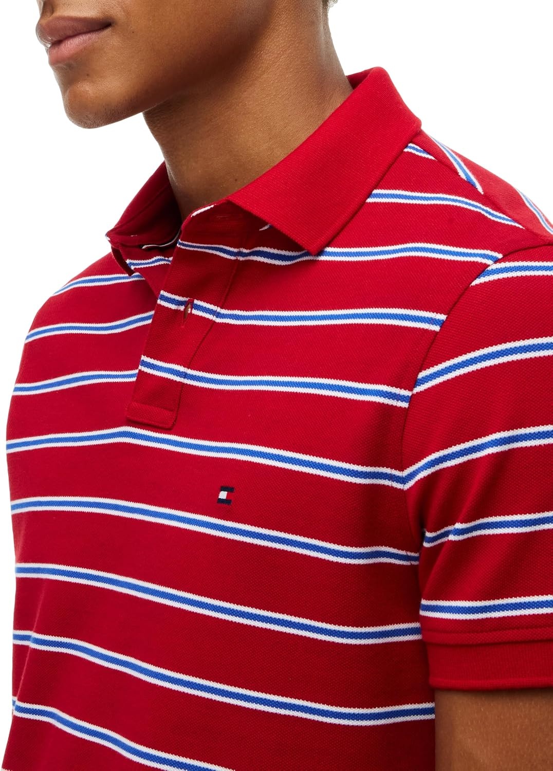 image:imageTommy Hilfiger Mens Short Sleeve Polo Shirts in Regular Fit With Stretch and Organic Pique CottonMedium Red White Ancient Blue