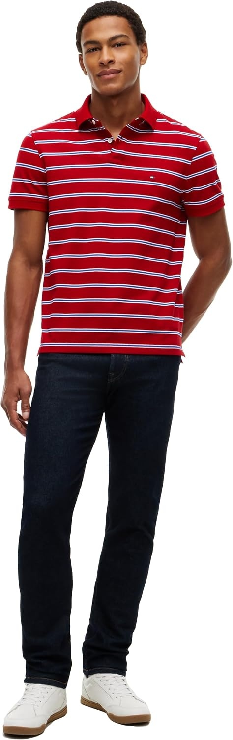 image:imageTommy Hilfiger Mens Short Sleeve Polo Shirts in Regular Fit With Stretch and Organic Pique CottonMedium Red White Ancient Blue