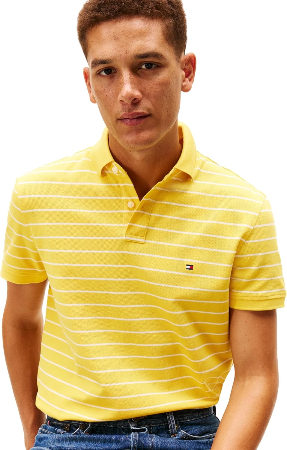 image:imageTommy Hilfiger Mens Short Sleeve Polo Shirts in Regular Fit With Stretch and Organic Pique CottonMorningside Yellow Ivory Petal