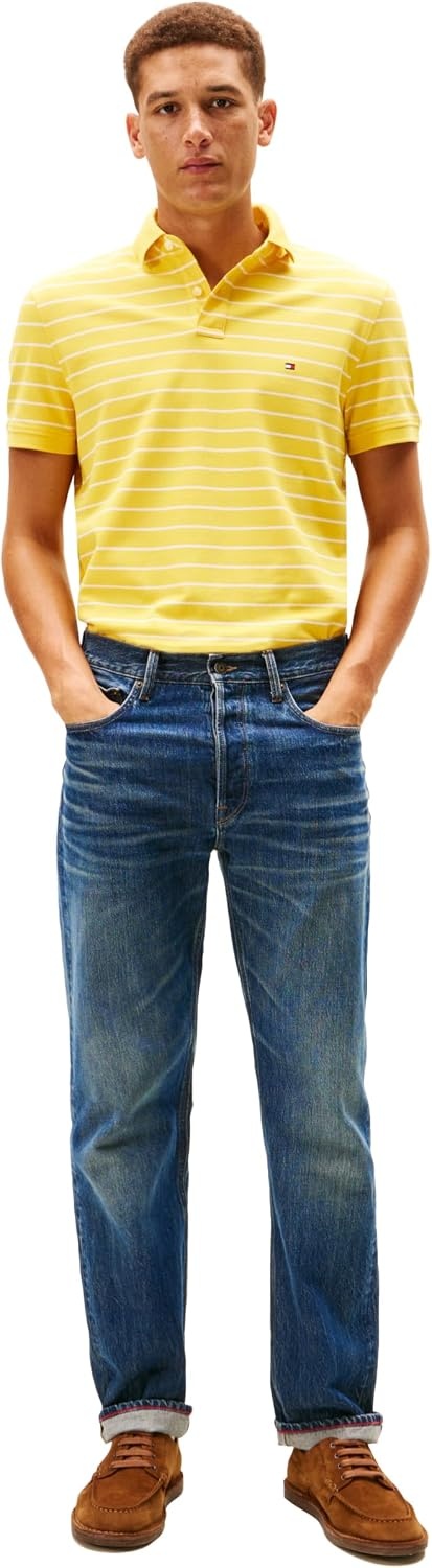 image:imageTommy Hilfiger Mens Short Sleeve Polo Shirts in Regular Fit With Stretch and Organic Pique CottonMorningside Yellow Ivory Petal