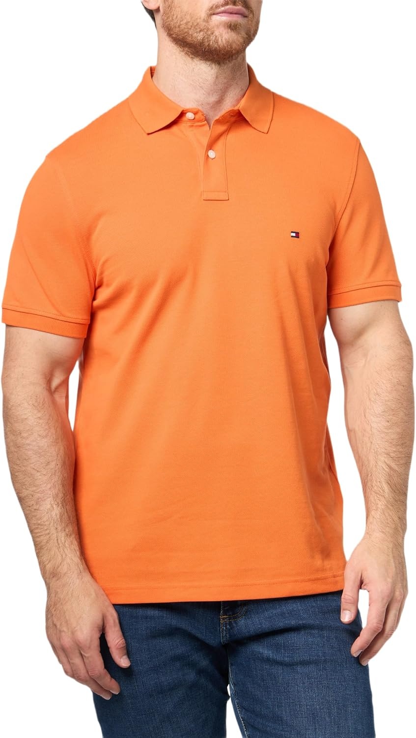 image:imageTommy Hilfiger Mens Short Sleeve Polo Shirts in Regular Fit With Stretch and Organic Pique CottonOrange Tulip